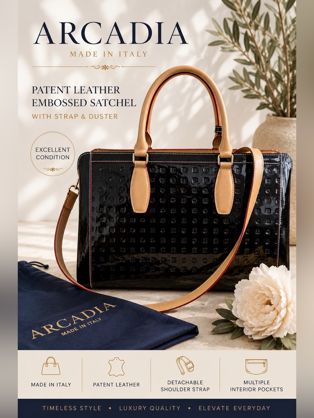 Arcadia Made in Italy Patent Leather Embossed Satchel Tote Bag w/ Strap & Duster